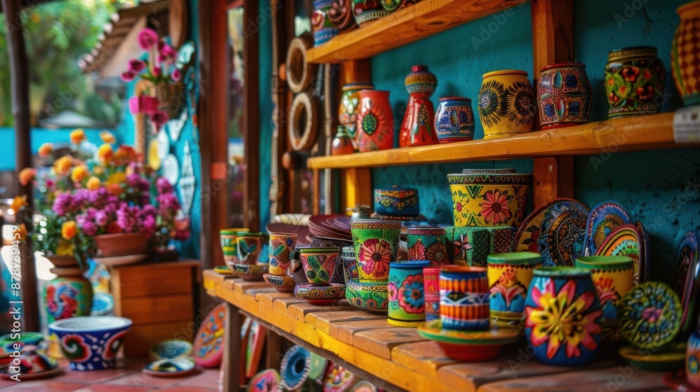 Colorful hand-painted pottery displayed on wooden shelves in a mexican market Colorful hand-painted pottery displayed on wooden shelves in a mexican market