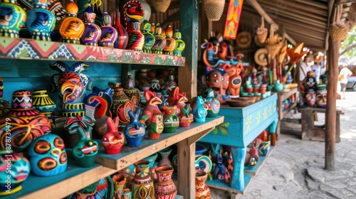 Colorful hand-painted pottery displayed in a mexican market stall