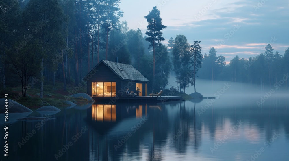 Fototapeta premium Cozy lakeside cabin surrounded by misty twilight forest.