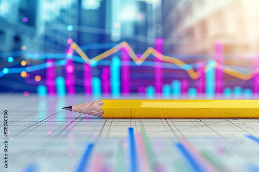Yellow pencil on financial chart with blurred data graphs in background Yellow pencil on financial chart with blurred data graphs in background