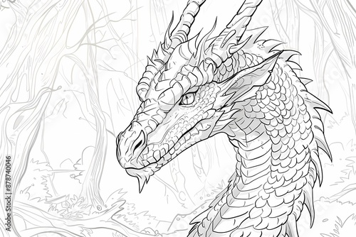 Intricate dragon-themed adult coloring book page with detailed patterns.