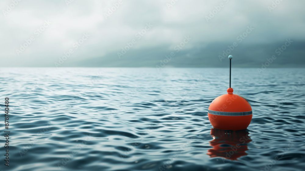 An orange buoy floating on a calm sea with a misty horizon. An orange buoy floating on a calm sea with a misty horizon.