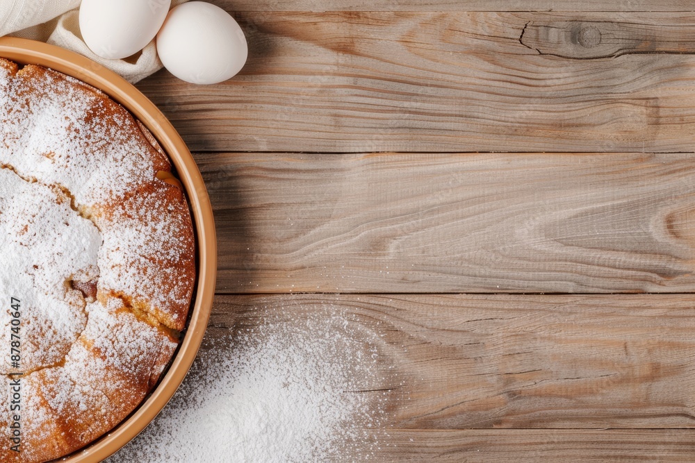 Copy space with a homemade almond cake and powdered sugar, wooden table, food blog, dynamic, Overlay, recipe book backdrop, focus cover all object Copy space with a homemade almond cake and powdered sugar, wooden table, food blog, dynamic, Overlay, recipe book backdrop, focus cover all object