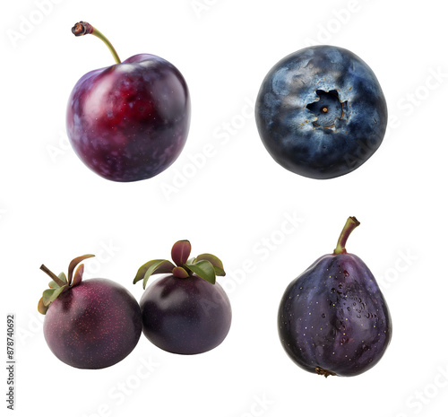 Purple fruits set isolated transparent background. Including plum, blueberry, mangosteen, and fig. Clipart for food packaging, recipe book and healthy eating promotion.