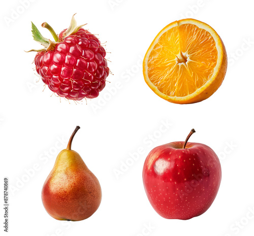 Fruits set isolated transparent background. Including raspberry, orange, pear, apple. Clipart for food packaging, recipe book and healthy eating promotion.