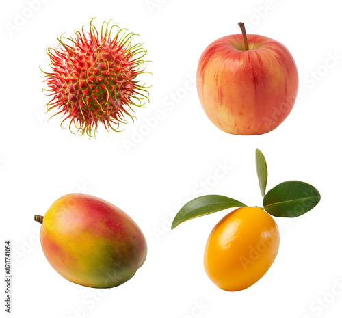 Fruits set isolated transparent background. Including rambutan, apple, mango, and kumquat. Clipart for food packaging, recipe book and healthy eating promotion.