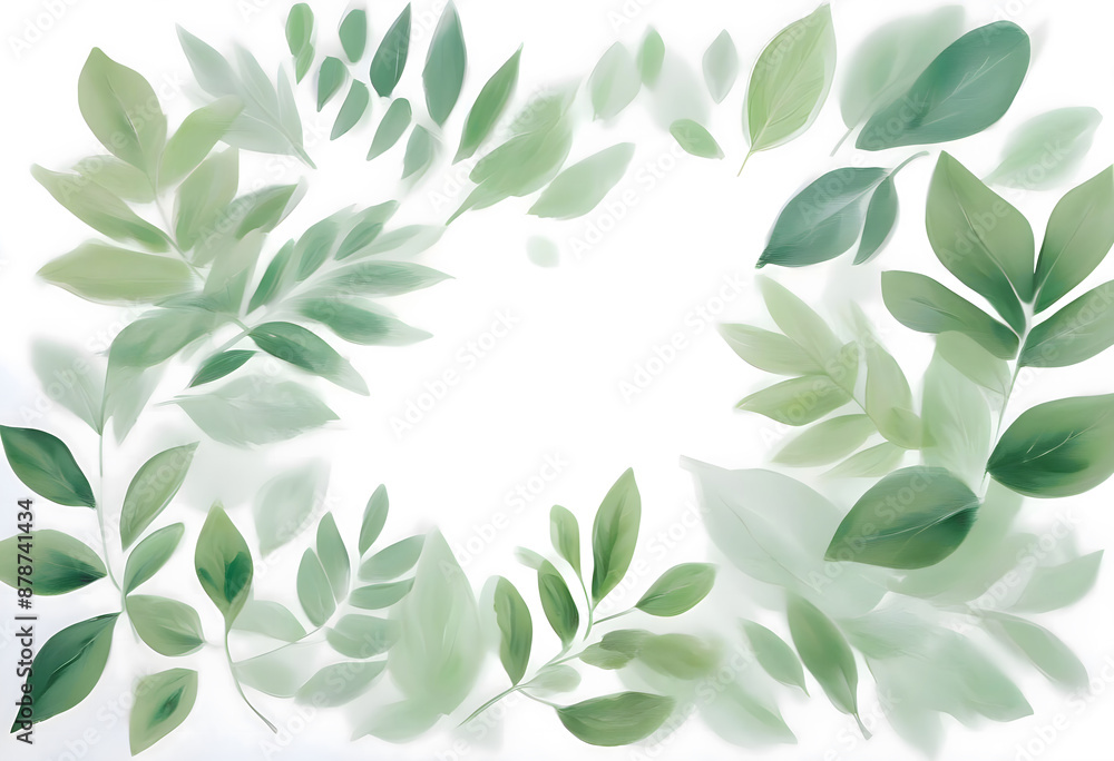 Top view of watercolor green leaves on white background with space for text Top view of watercolor green leaves on white background with space for text