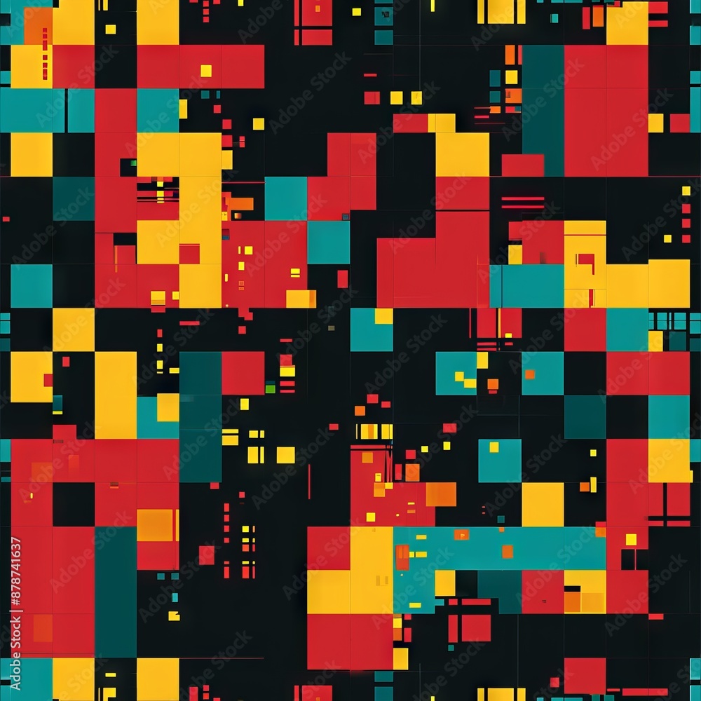 A vibrant surreal seamless pattern of colorful squares arranged in a dynamic grid against a black background. A vibrant surreal seamless pattern of colorful squares arranged in a dynamic grid against a black background.