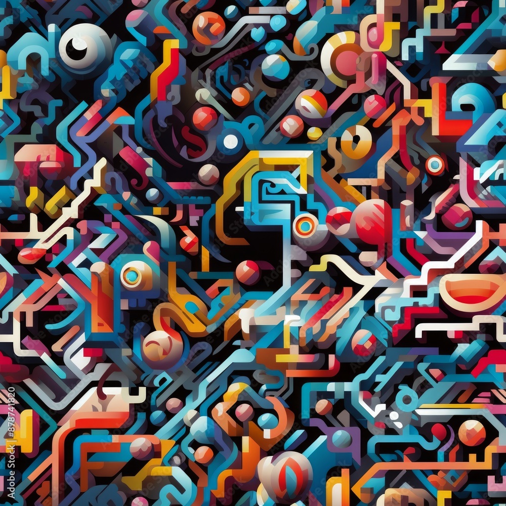 A vibrant surreal seamless pattern of colorful squares arranged in a dynamic grid against a black background. A vibrant surreal seamless pattern of colorful squares arranged in a dynamic grid against a black background.