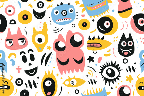 Cute cartoon monsters seamless pattern. Cosmic little aliens smile textile print design. Kids mutant fashion character trendy style vector illustration