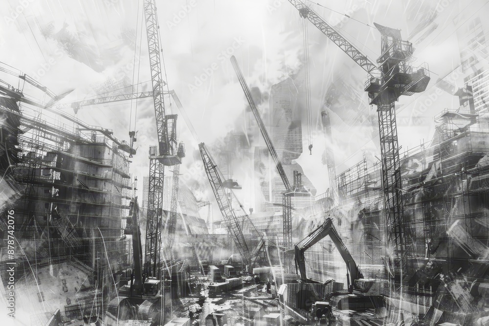 Black and white scene of towering cranes overseeing a busy construction site in the city, Cranes towering over a bustling construction site Black and white scene of towering cranes overseeing a busy construction site in the city, Cranes towering over a bustling construction site
