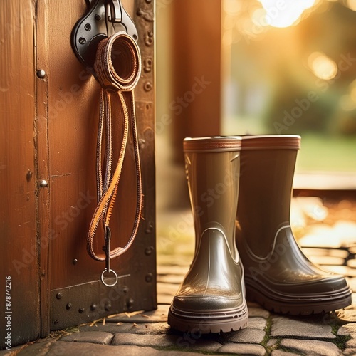 A dog leash hanging on a hook by the door, with a pair of rain boots underneath.