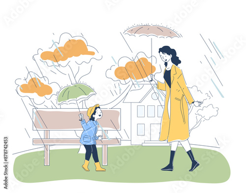 Family in autumn outdoors. Mother with umbrella and her daughter walk in rain. Woman with girl walk in fall season and rainy weather. Linear vector illustration isolated on white background