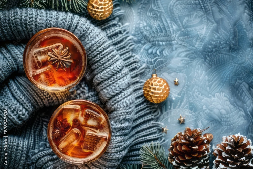 Christmas winter cozy drink, christmas ball, pine cone, blue knitted blanket or sweater on stone background. Cozy New Year composition with copy space. Hot drink concept. Flat lay, top view Christmas winter cozy drink, christmas ball, pine cone, blue knitted blanket or sweater on stone background. Cozy New Year composition with copy space. Hot drink concept. Flat lay, top view