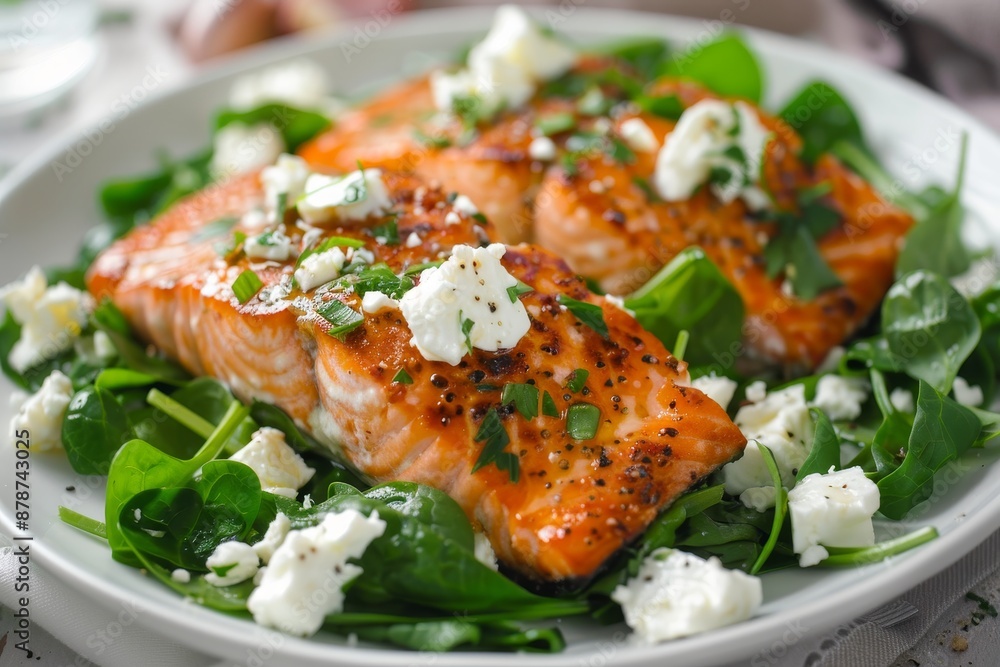 A white plate topped with juicy salmon and fresh spinach, garnished with creamy feta cheese crumbles, Creamy feta cheese crumbles mingling with tender chunks of grilled salmon in a bed of spinach A white plate topped with juicy salmon and fresh spinach, garnished with creamy feta cheese crumbles, Creamy feta cheese crumbles mingling with tender chunks of grilled salmon in a bed of spinach