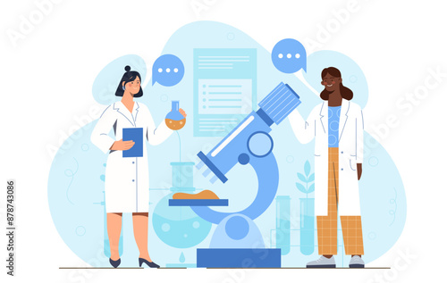 Biotechnology research concept. Women in medical gowns with microscope analyze structure of molecule. Team of scientist in laboratory. Chemical experiment. Flat vector illustration