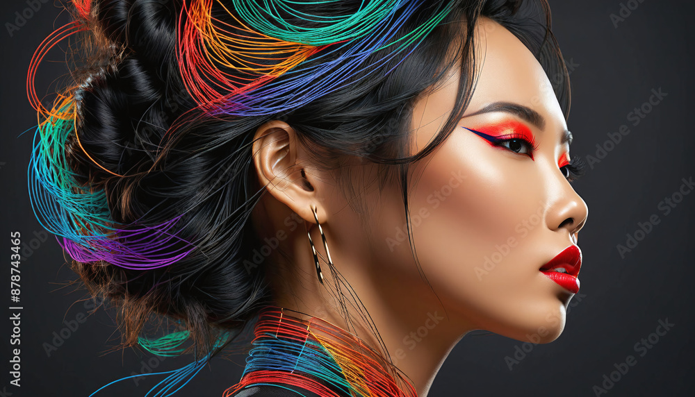 Naklejka premium Conceptual representation of the head of a woman or fashion model with very colorful makeup, graphic objects and lines in an illustrative style - ai generated