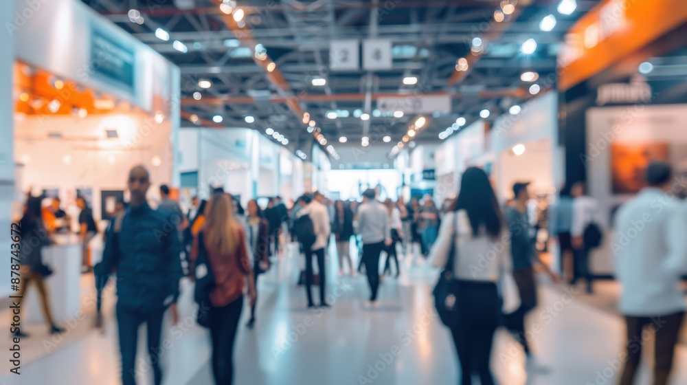 Obraz premium Blurred view of people walking through a large convention center