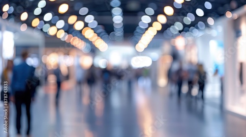 Blurred view of attendees walking through a convention center