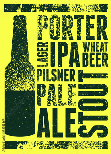 Types of beer. Beer bottle typographical vintage style grunge poster design. Retro vector illustration.