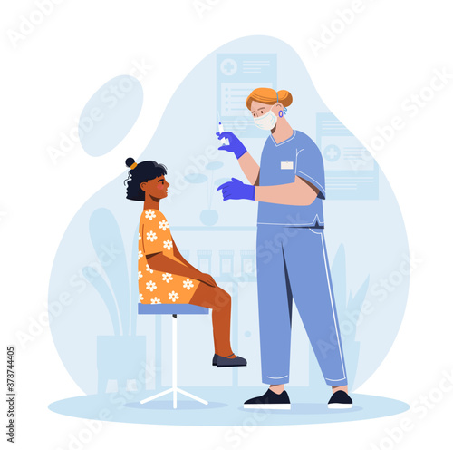 Children vaccination concept. Woman in medical uniform with syringe gives injection to child. Prevention of diseases and viruses. Health care and medicine. Flat vector illustration