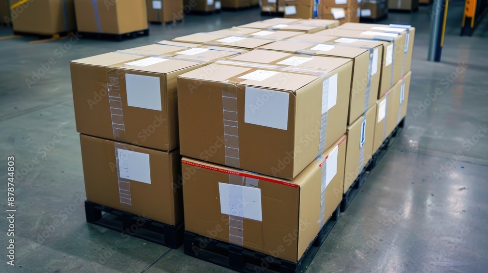 A stack of cardboard boxes with a red and white label on the top. The boxes are piled on top of each other