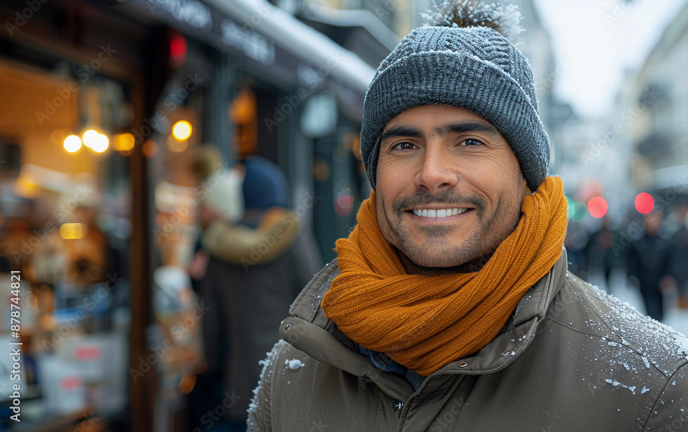 A man wearing a hat and scarf is smiling in front of a store. The scene is set in a snowy environment, with people walking around and a few cars parked nearby A man wearing a hat and scarf is smiling in front of a store. The scene is set in a snowy environment, with people walking around and a few cars parked nearby