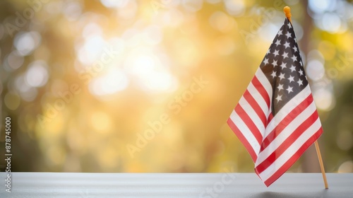 Presidents day observance with American flag on table top in the park for background, historical theme, ethereal, composite, monument, focus cover all object