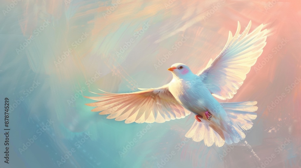 White dove soaring through a pastel sky at sunset White dove soaring through a pastel sky at sunset