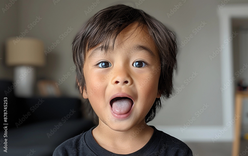 A young boy with brown hair and blue eyes is smiling and showing his tongue. Concept of innocence and joy, as the child appears to be happy and carefree