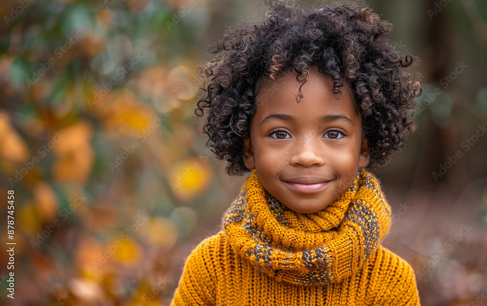 A young girl with curly hair is wearing a yellow sweater and scarf. She is smiling and looking at the camera A young girl with curly hair is wearing a yellow sweater and scarf. She is smiling and looking at the camera