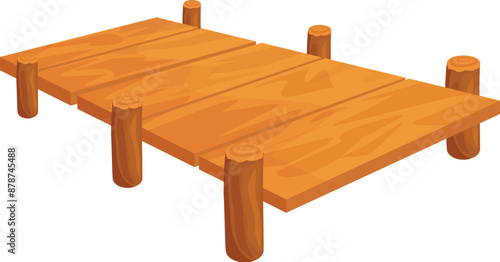 Wooden pier with planks and logs standing on a white background
