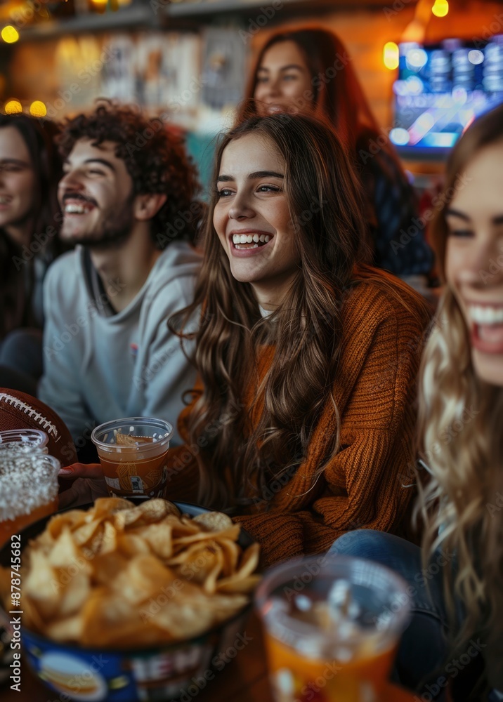 Friends enjoying football game on tv in bar Friends enjoying football game on tv in bar