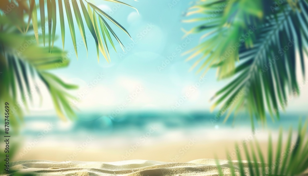 Sandy beach with palm leaves on a blurred background Sandy beach with palm leaves on a blurred background