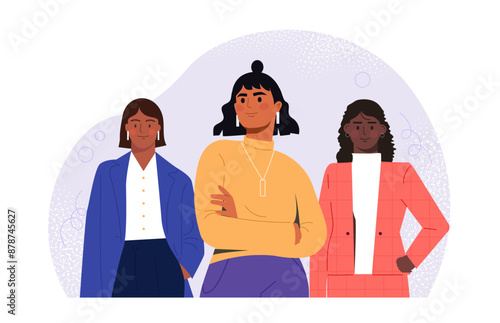 Confident business woman. Beautiful confident women in suits. Employees and workers, managers. Businesswomen and entrepreneurs. Successful company leaders. Flat vector illustration