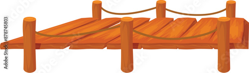 Wooden pier with ropes connecting land with water on white background