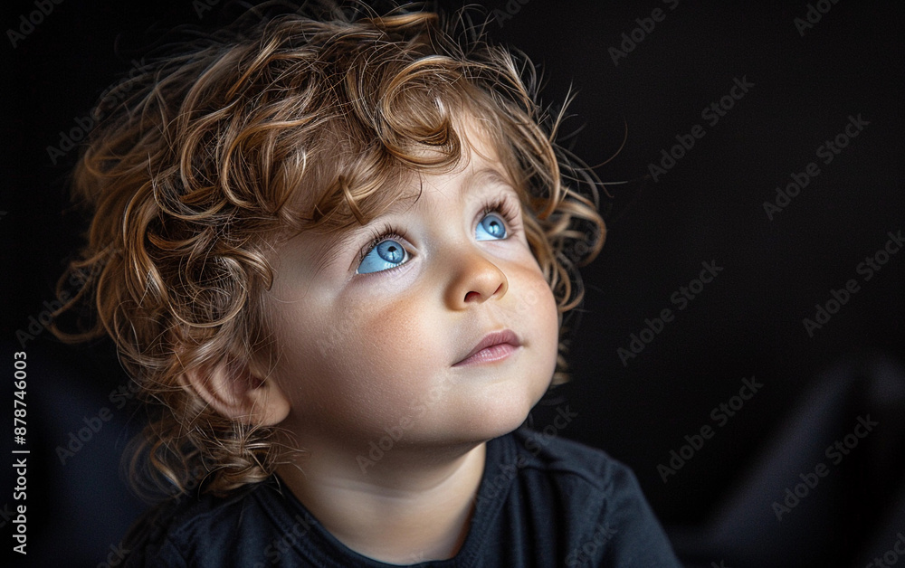 A young child with blue eyes is looking up at the camera. Concept of innocence and curiosity, as the child's gaze is directed towards the viewer A young child with blue eyes is looking up at the camera. Concept of innocence and curiosity, as the child's gaze is directed towards the viewer