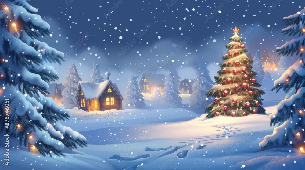 Snowy christmas night with decorated tree and cozy cabin Snowy christmas night with decorated tree and cozy cabin