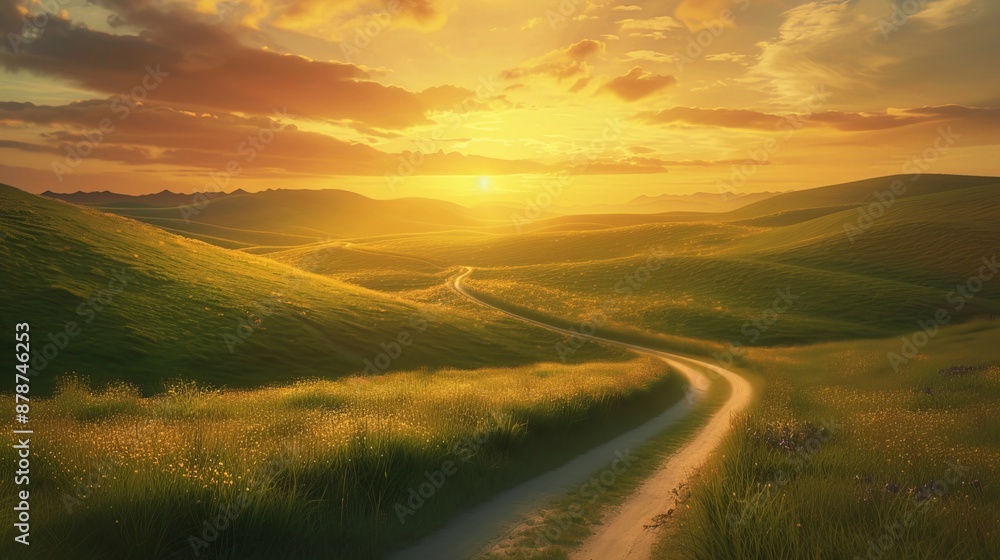 A winding road cuts through a grassy field, leading into the distance. The sky above is awash in the golden hues of sunset. A winding road cuts through a grassy field, leading into the distance. The sky above is awash in the golden hues of sunset.