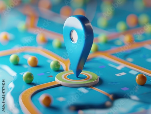 3D rendering of blue location pin on a colorful map with small spheres, representing GPS location, digital navigation, and mapping.