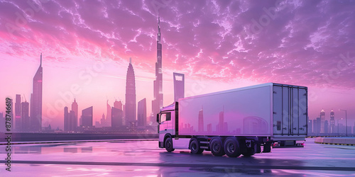 the logistrics truck needs to be amaranth pink, an open large white logistics truck,generative ai photo