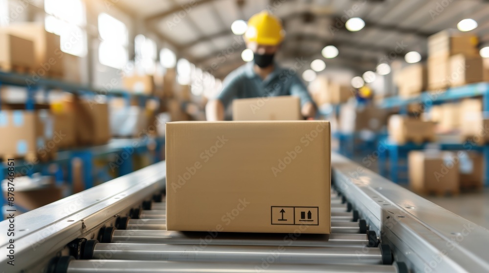 A person holding a cardboard box in warehouse for shipping on conveyor A person holding a cardboard box in warehouse for shipping on conveyor