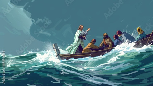 Jesus calming the storm in a small boat on a rough sea