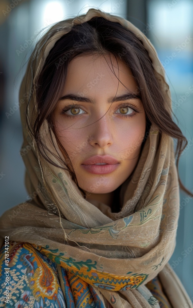 A woman with a scarf on her head. She has brown hair and green eyes. She is wearing a blue shirt A woman with a scarf on her head. She has brown hair and green eyes. She is wearing a blue shirt
