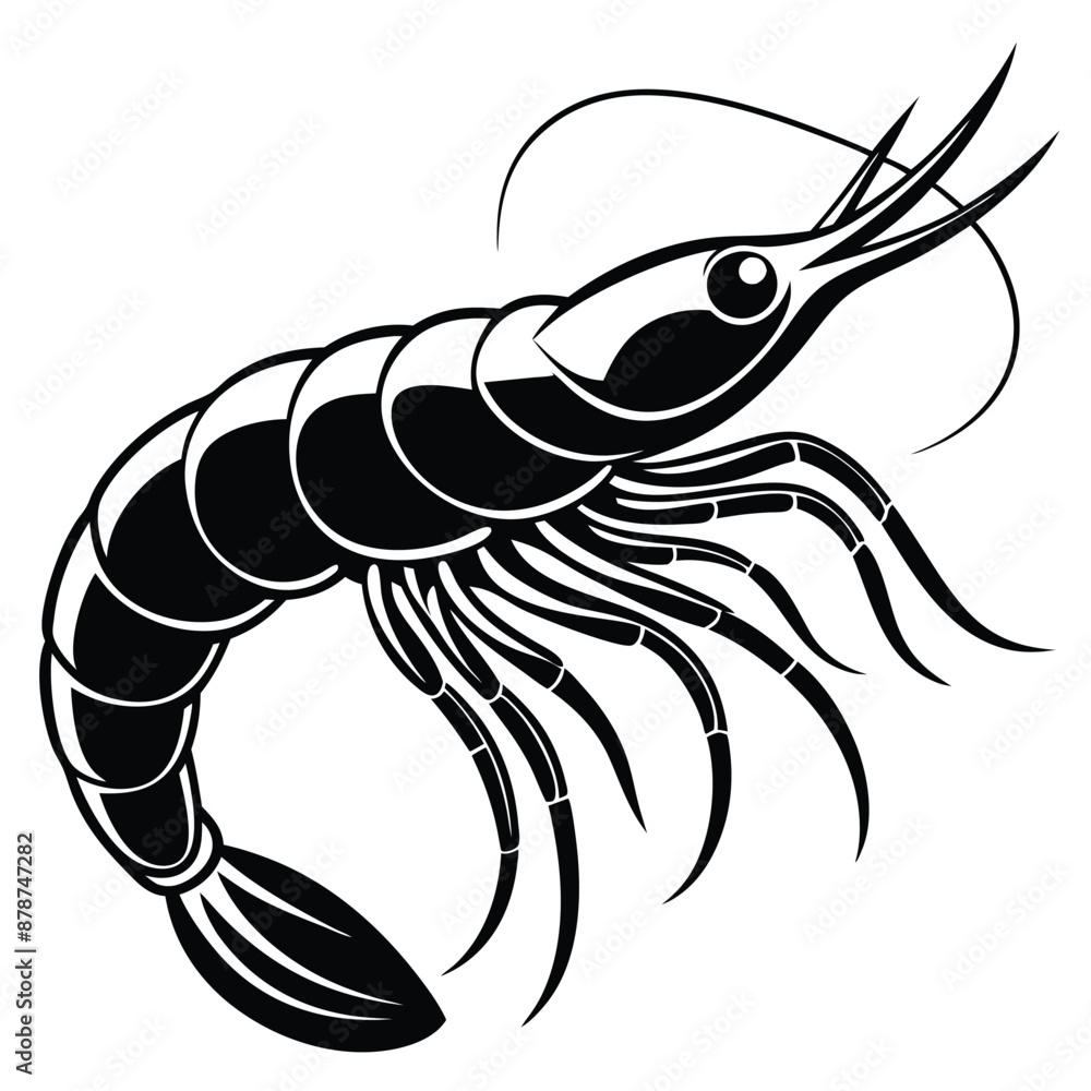 Shrimp silhouette, Prawn cut-out vector icon black and white Shrimp silhouette, Prawn cut-out vector icon black and white
