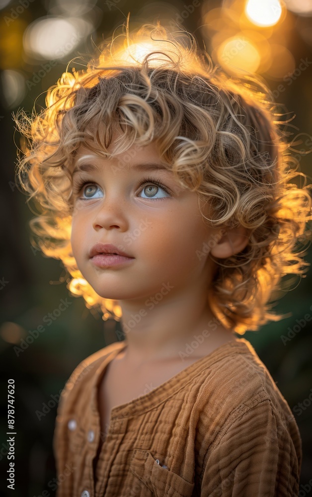 A young blonde boy with a bright blue eye stares off into the distance. The boy is wearing a brown shirt and has a light brown hair A young blonde boy with a bright blue eye stares off into the distance. The boy is wearing a brown shirt and has a light brown hair