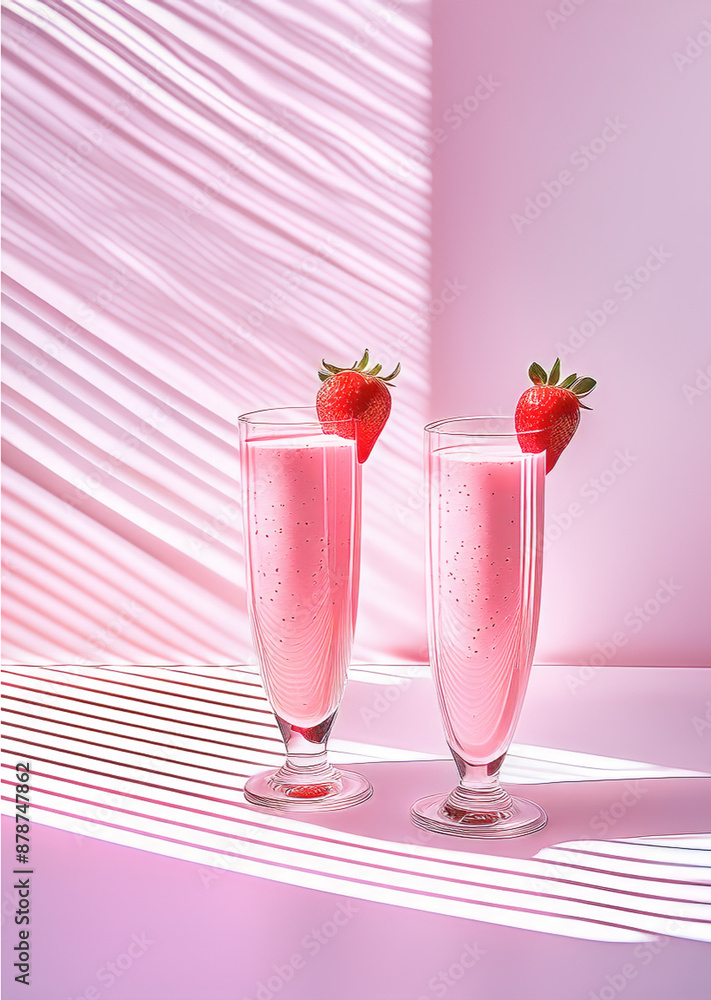 The image presents an artistic arrangement of two strawberry smoothies in clear, tall glasses adorned with decoration The image presents an artistic arrangement of two strawberry smoothies in clear, tall glasses adorned with decoration
