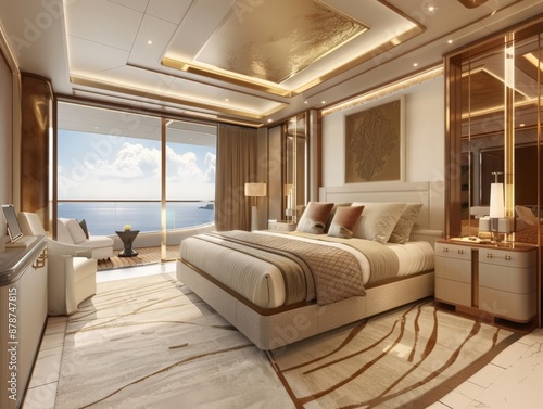 Detailed shot of a lavish cruise ship suite with panoramic ocean views and upscale furnishings  positioned on a neutral backdrop to emphasize the luxurious accommodation 