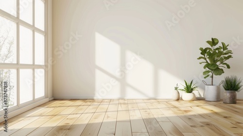 Empty room with large window and sunbeams streaming in