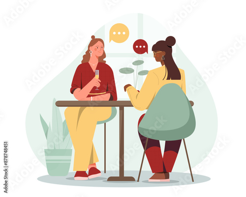 Friends in restaurant. Women sit in cafe and discuss news and rumors. Friendly chat and conversation, discussion. Business meeting. Flat vector illustration isolated on white background